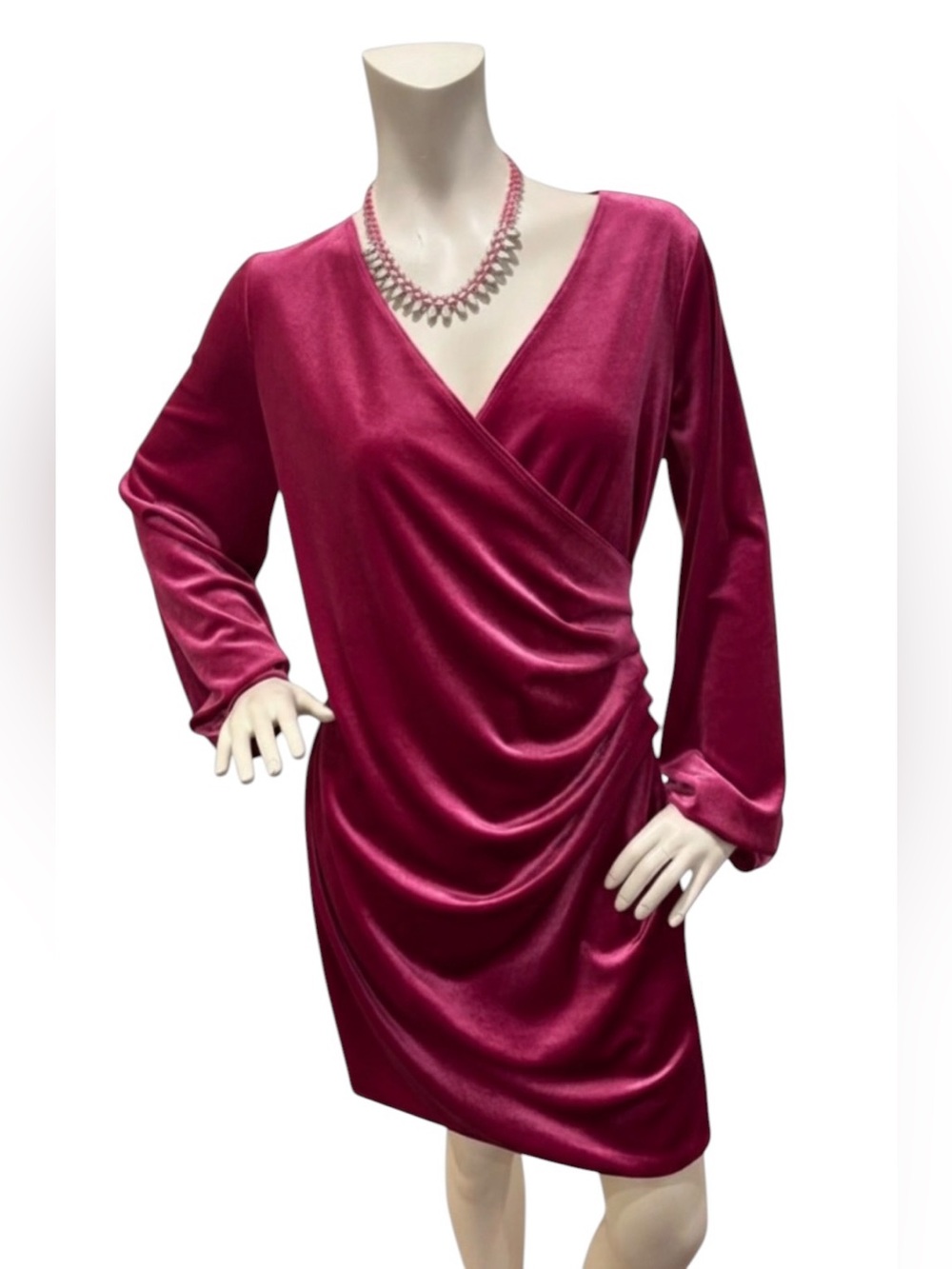 2 Hearts Magenta Pink Velvet Long Sleeve Dress with Side Ruching, Size L
